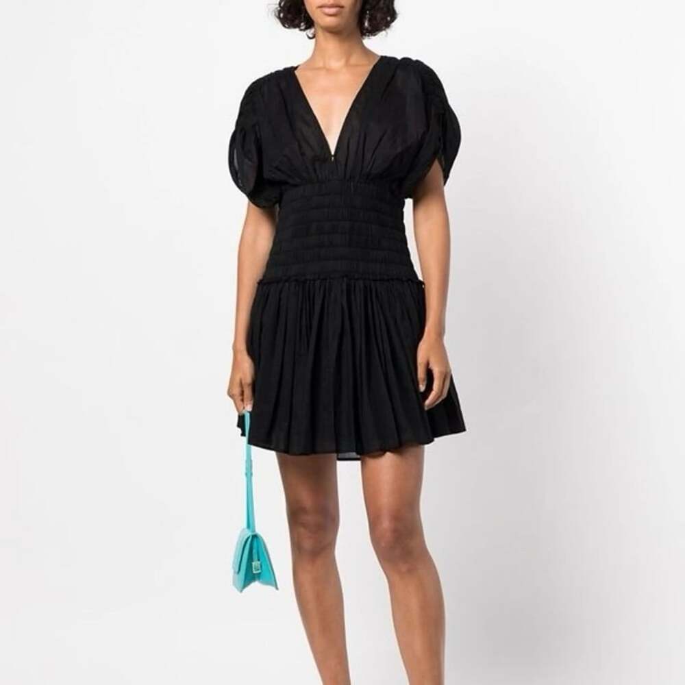 A.L.C. Luna Cotton Smocked Waist Pleated Mini Dress Size 0 Black